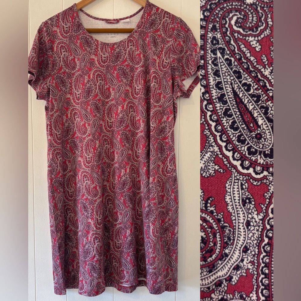 Lands End Paisley Jersey Knit Short Sleeve 100% Cotton Dress Red/Blue Size Large